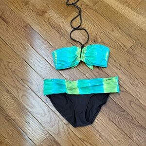 La Blanca Turquoise & Lime Green Bandeau Bikini Top